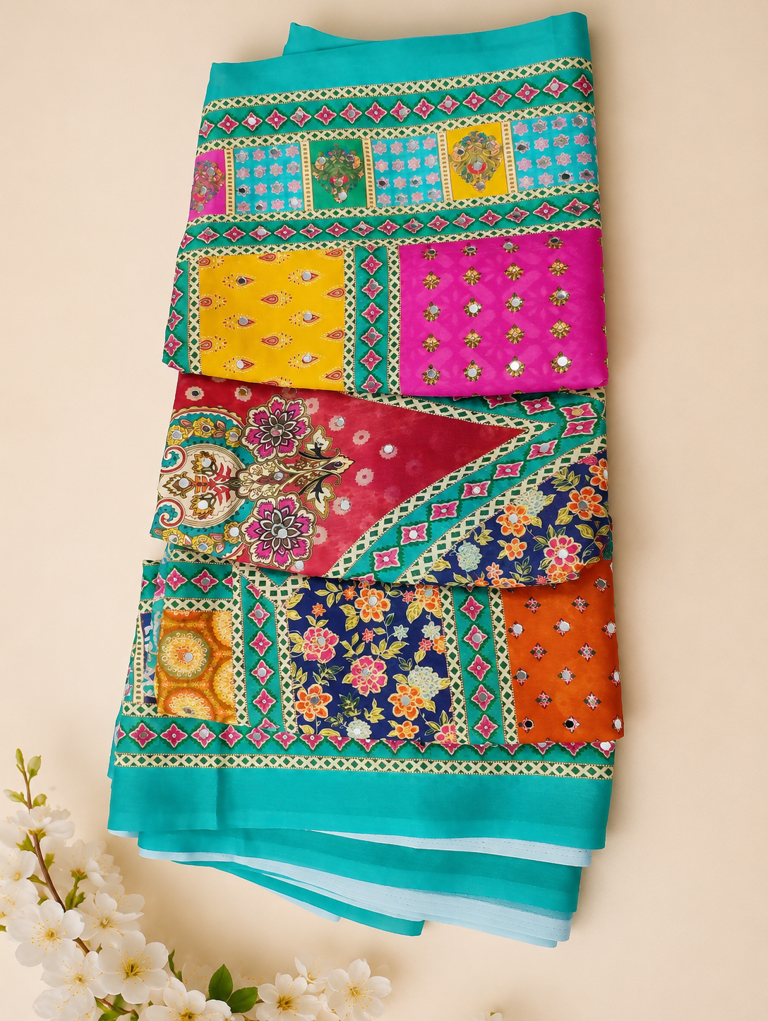 georgette digital print sarees with work & original mirror work