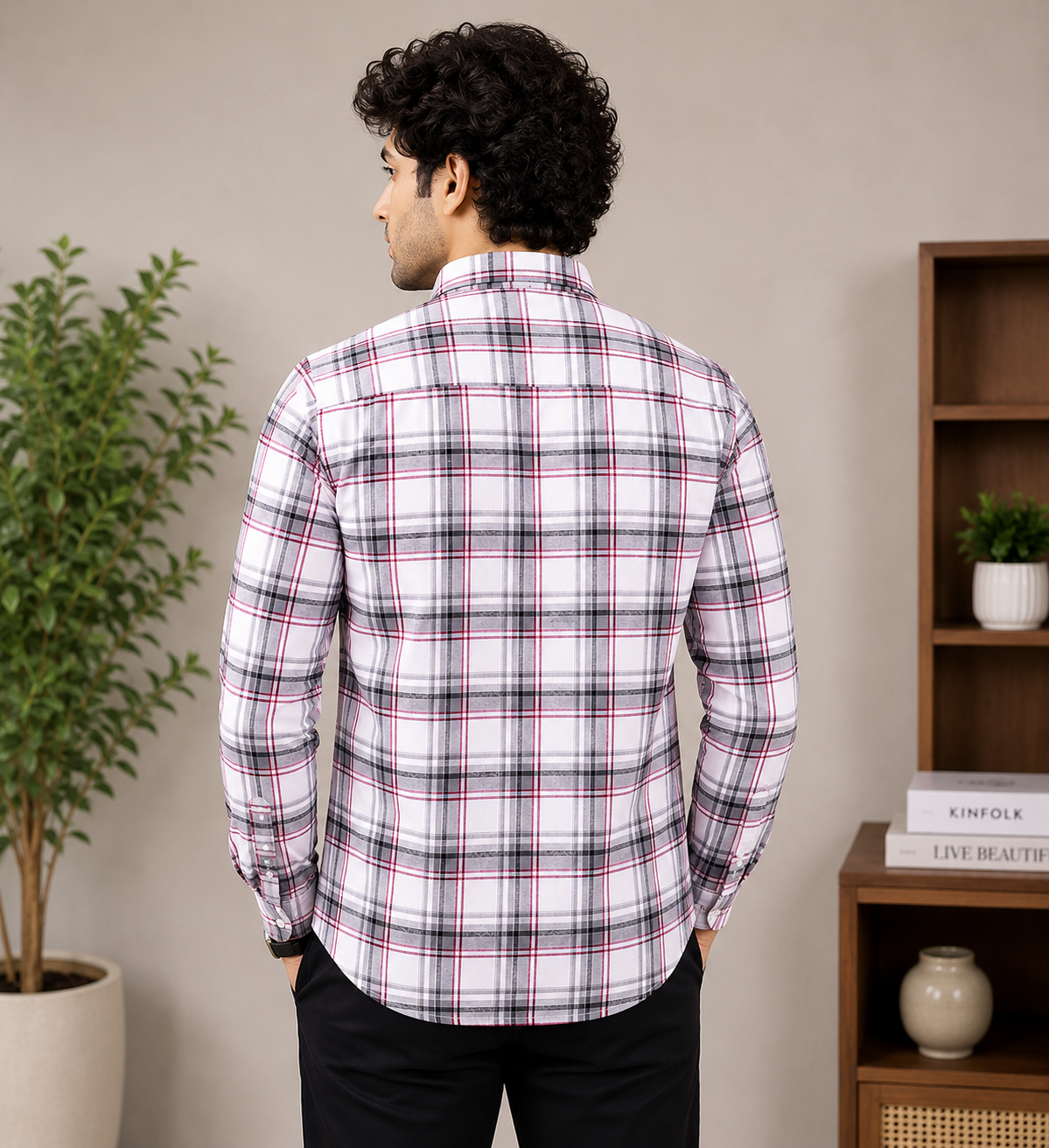 White & Grey Plaid with Magenta Accent Full Sleeve Men's Shirt