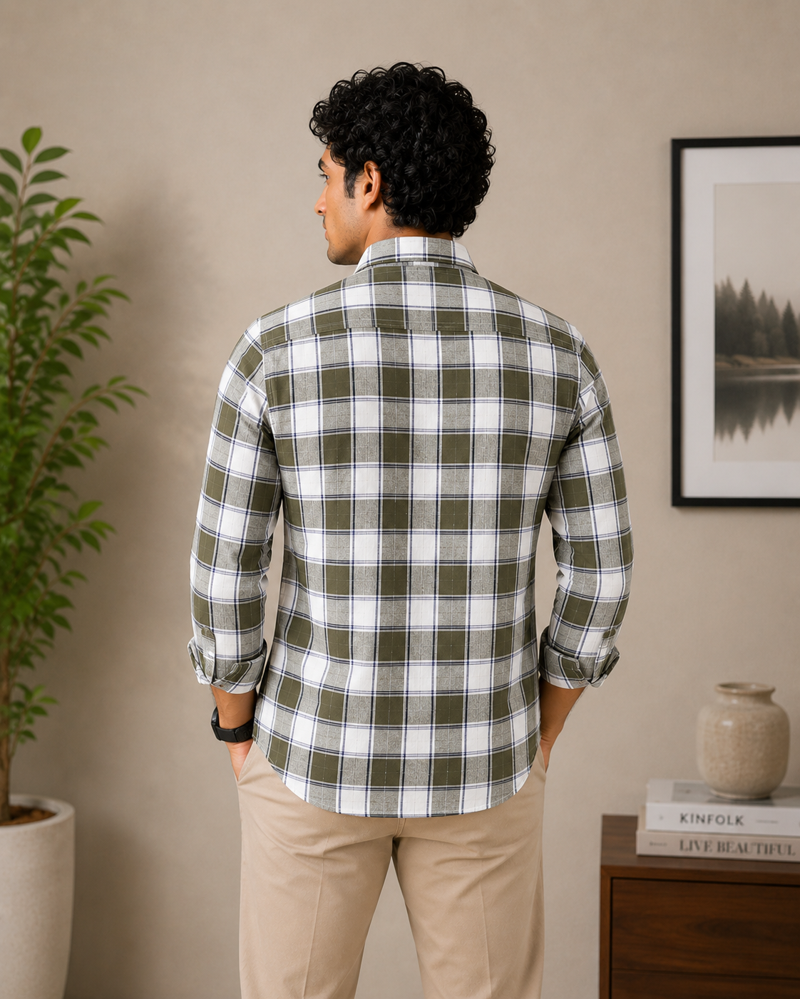 Olive Green & White Plaid Full Sleeve Men's Shirt