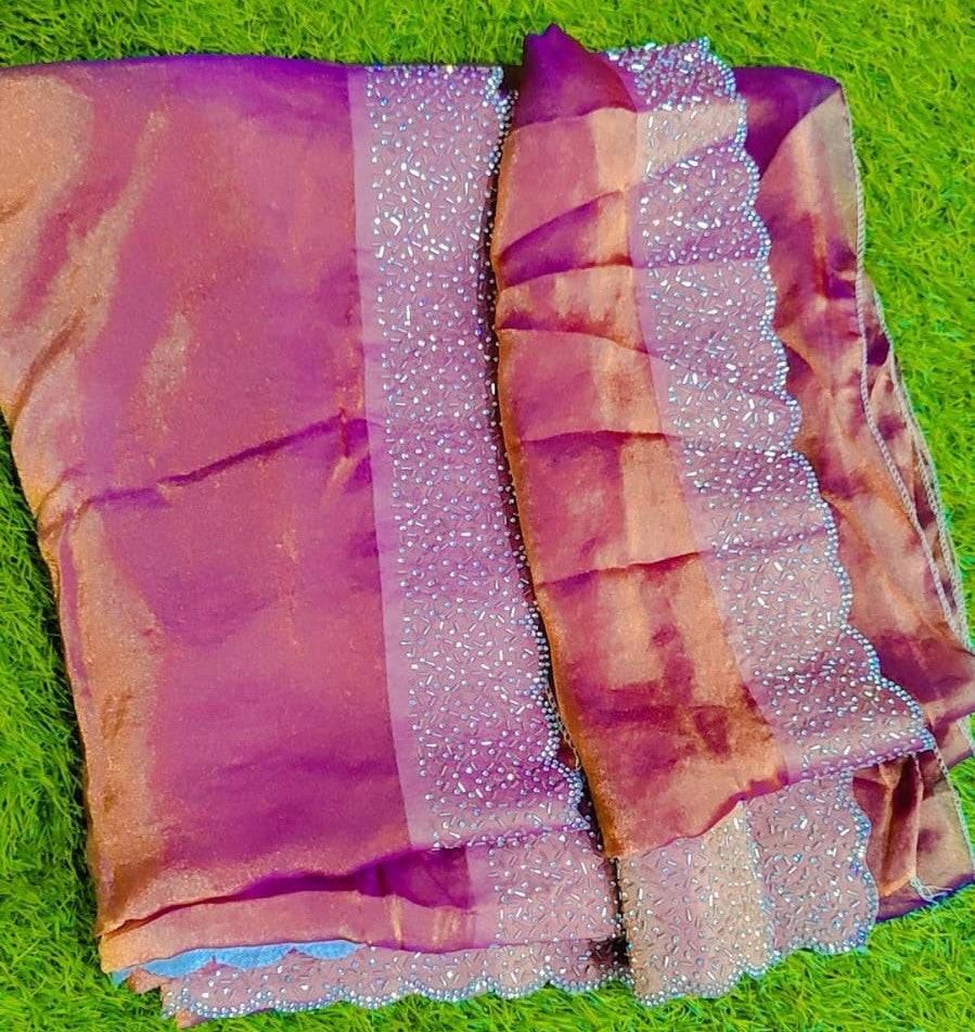 Elegant Purple Ombre Saree with Silver Crystal Embellished Border