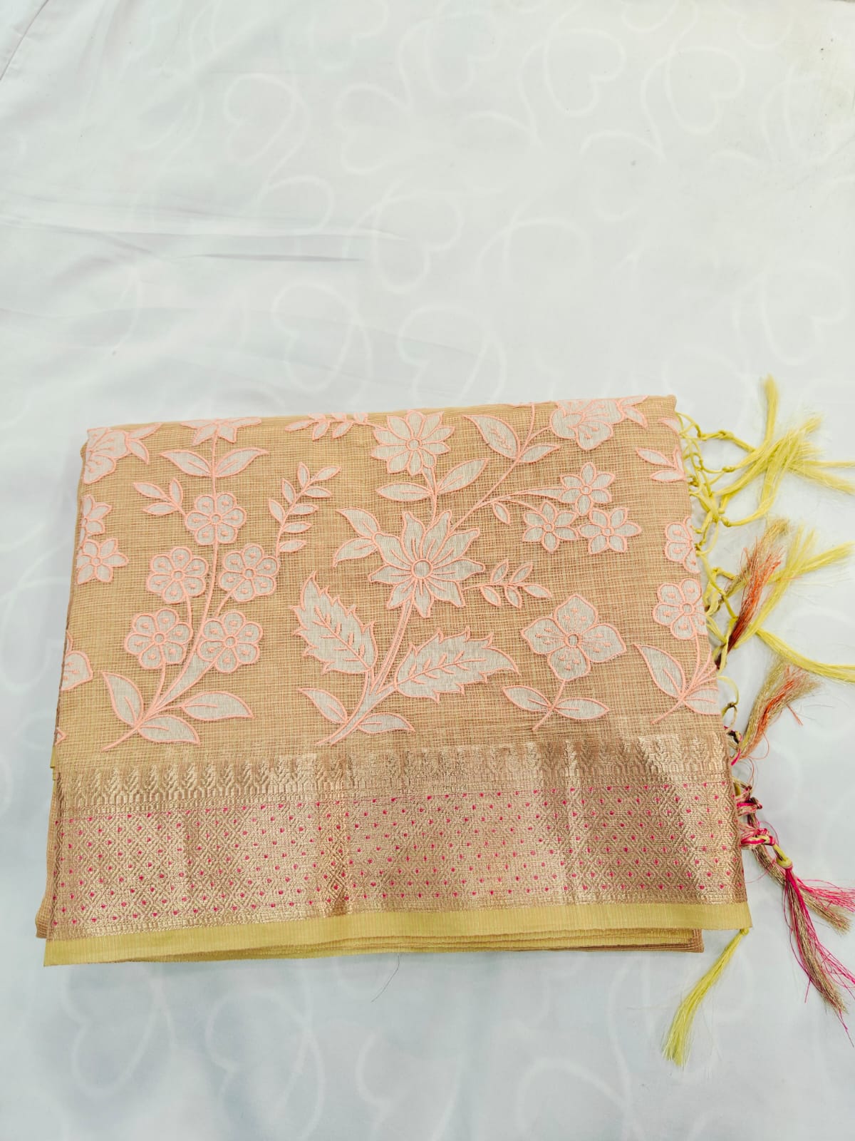 Tissue Appliqué Work Saree with Golden Zari Border