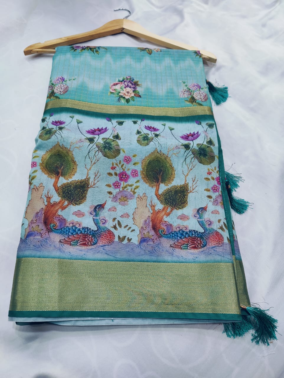 Tussar Silk Digital Print Saree with Peacock & Floral Motifs