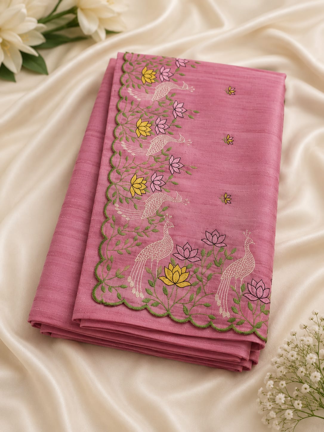 Peacock & Lotus Embroidered Scallop Border Saree