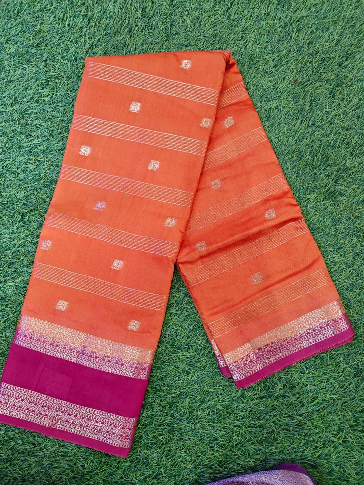 Semi Kanchipatu Saree - Yellow with Purple Border