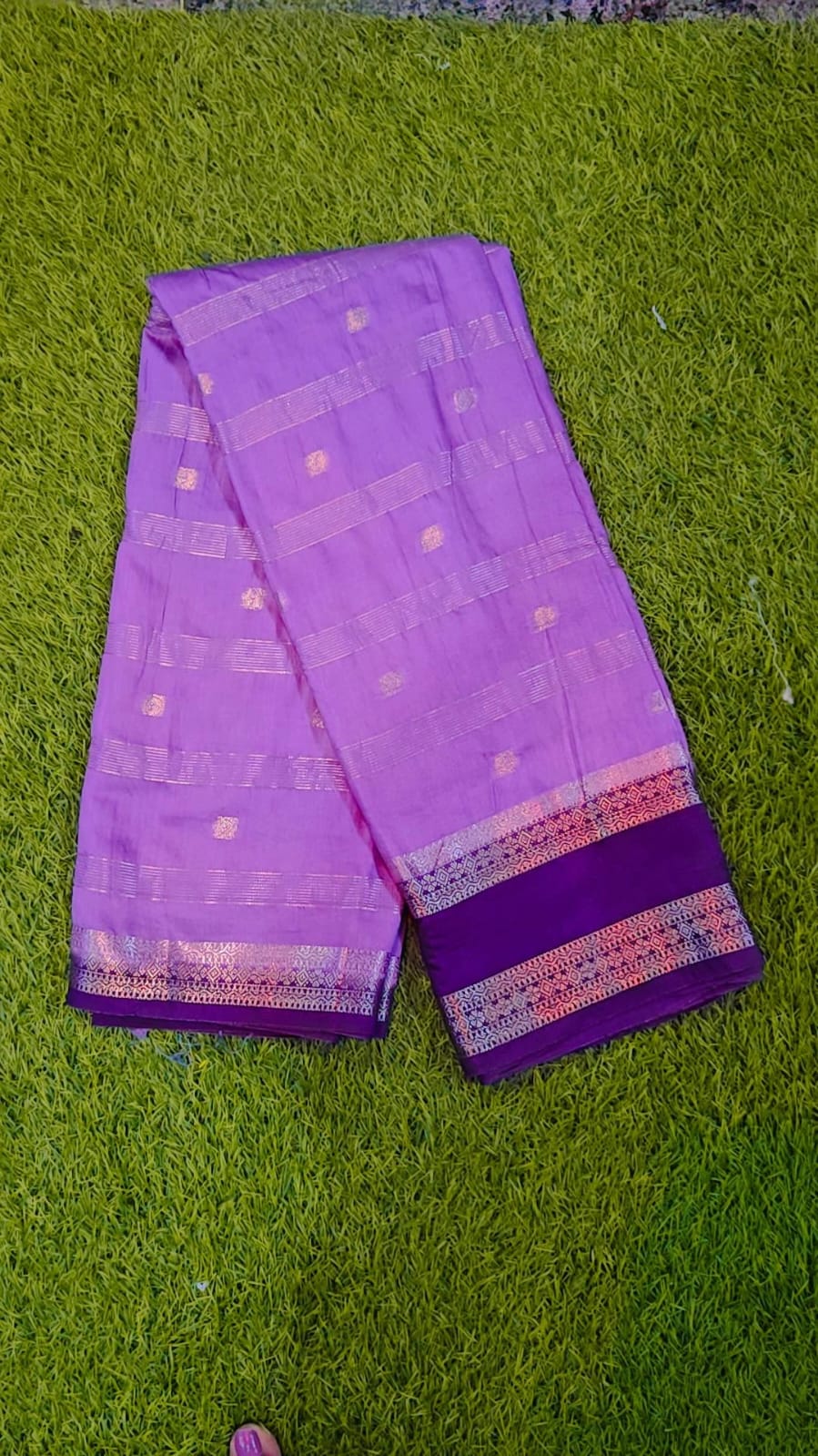 Semi Kanchipatu Saree - Yellow with Purple Border