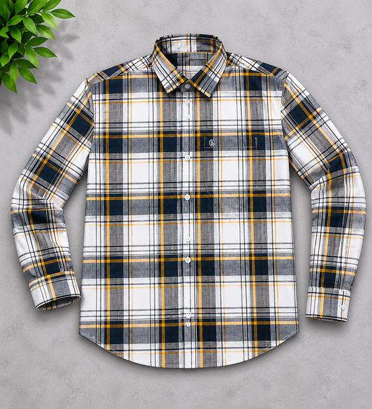 Navy, Mustard & White Plaid Full Sleeve Men's Shirt