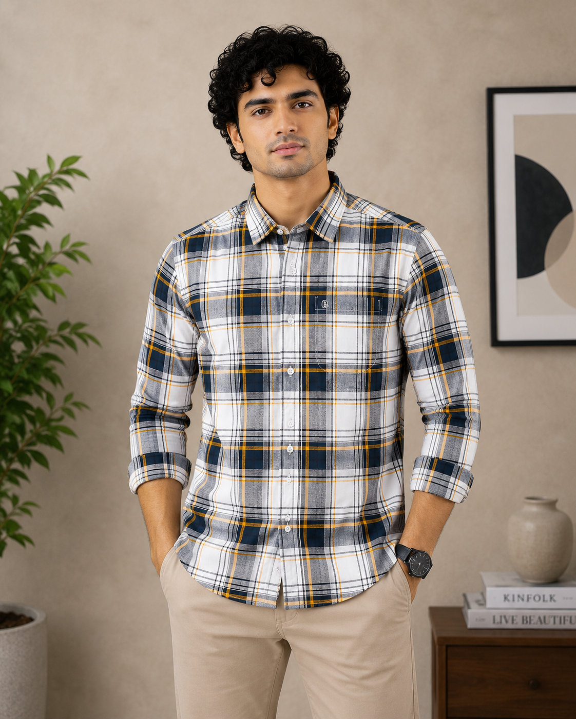 Navy, Mustard & White Plaid Full Sleeve Men's Shirt