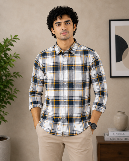 Navy, Mustard & White Plaid Full Sleeve Men's Shirt