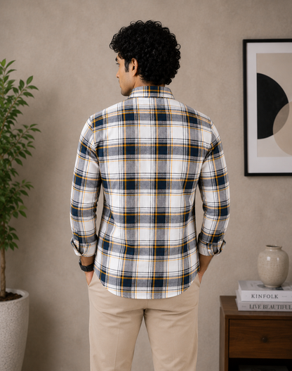 Navy, Mustard & White Plaid Full Sleeve Men's Shirt