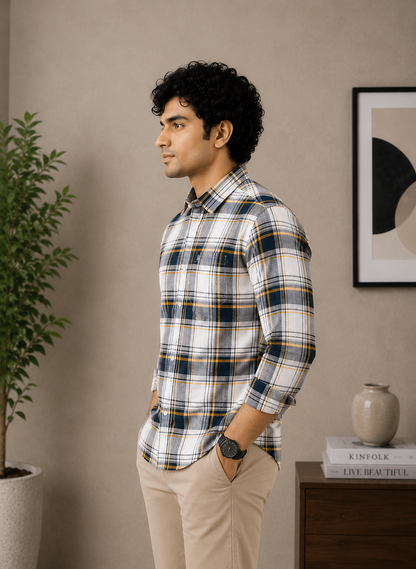 Navy, Mustard & White Plaid Full Sleeve Men's Shirt