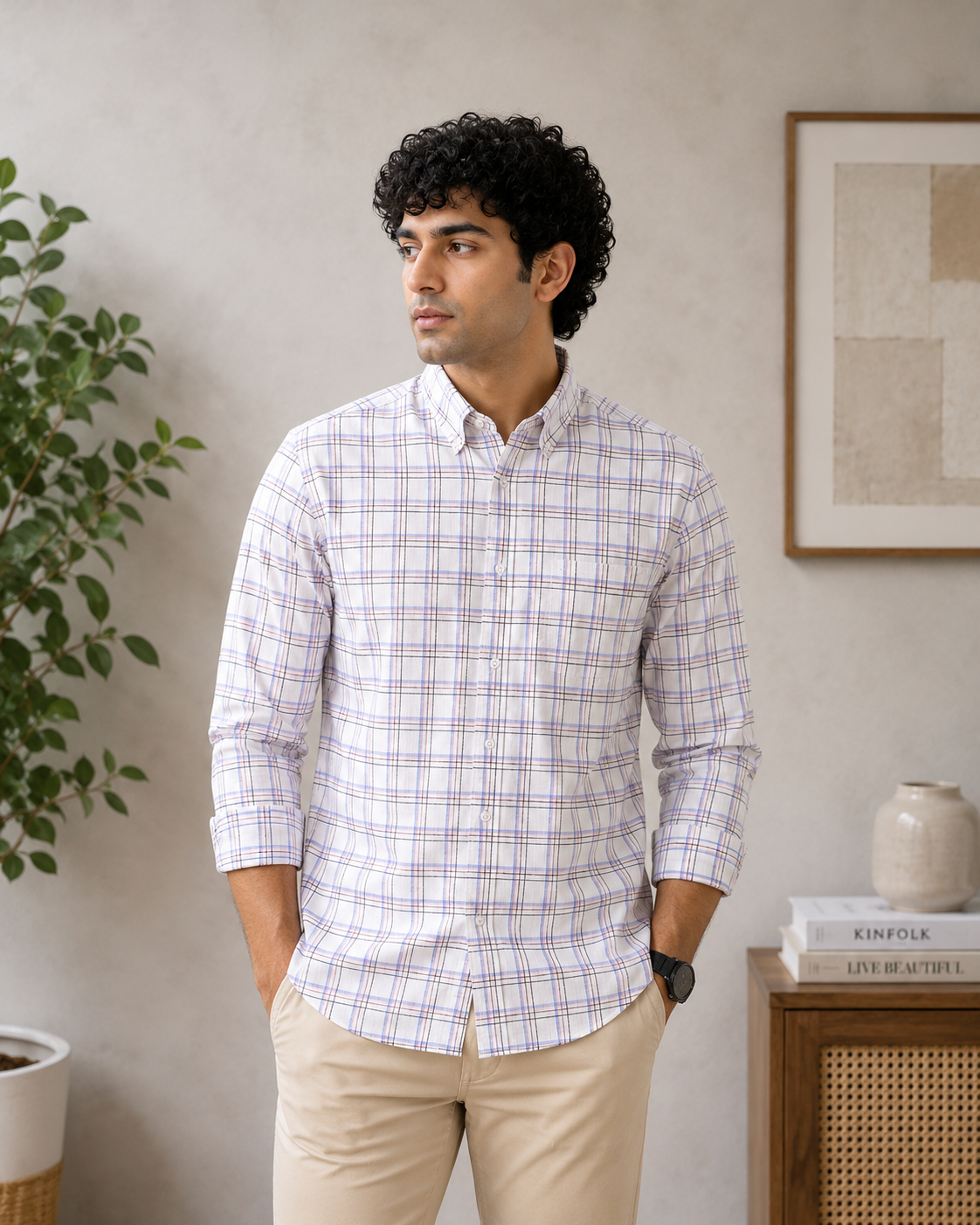 White & Lavender Plaid Full Sleeve Men's Shirt