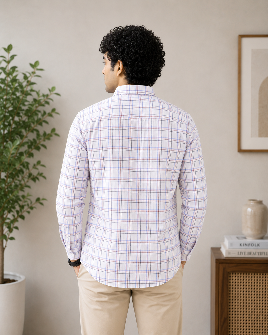 White & Lavender Plaid Full Sleeve Men's Shirt