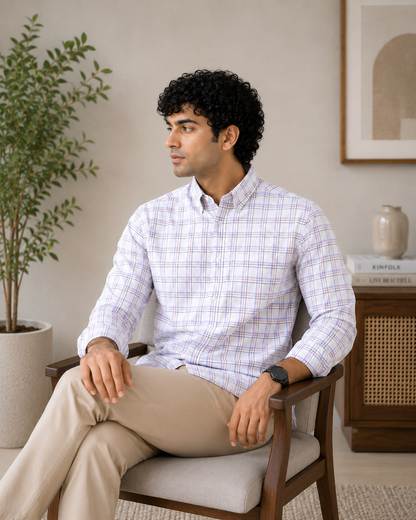 White & Lavender Plaid Full Sleeve Men's Shirt