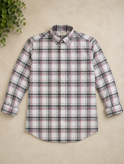 White & Grey Plaid with Magenta Accent Full Sleeve Men's Shirt
