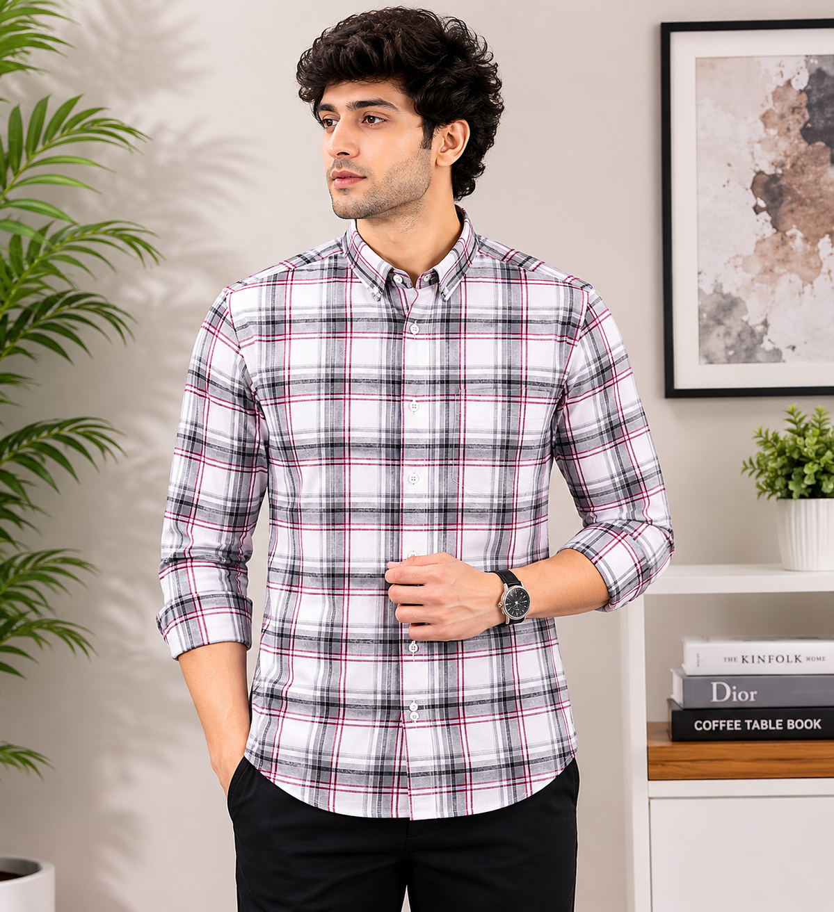 White & Grey Plaid with Magenta Accent Full Sleeve Men's Shirt