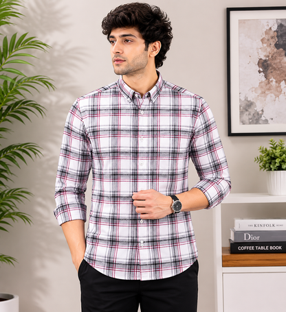 White & Grey Plaid with Magenta Accent Full Sleeve Men's Shirt