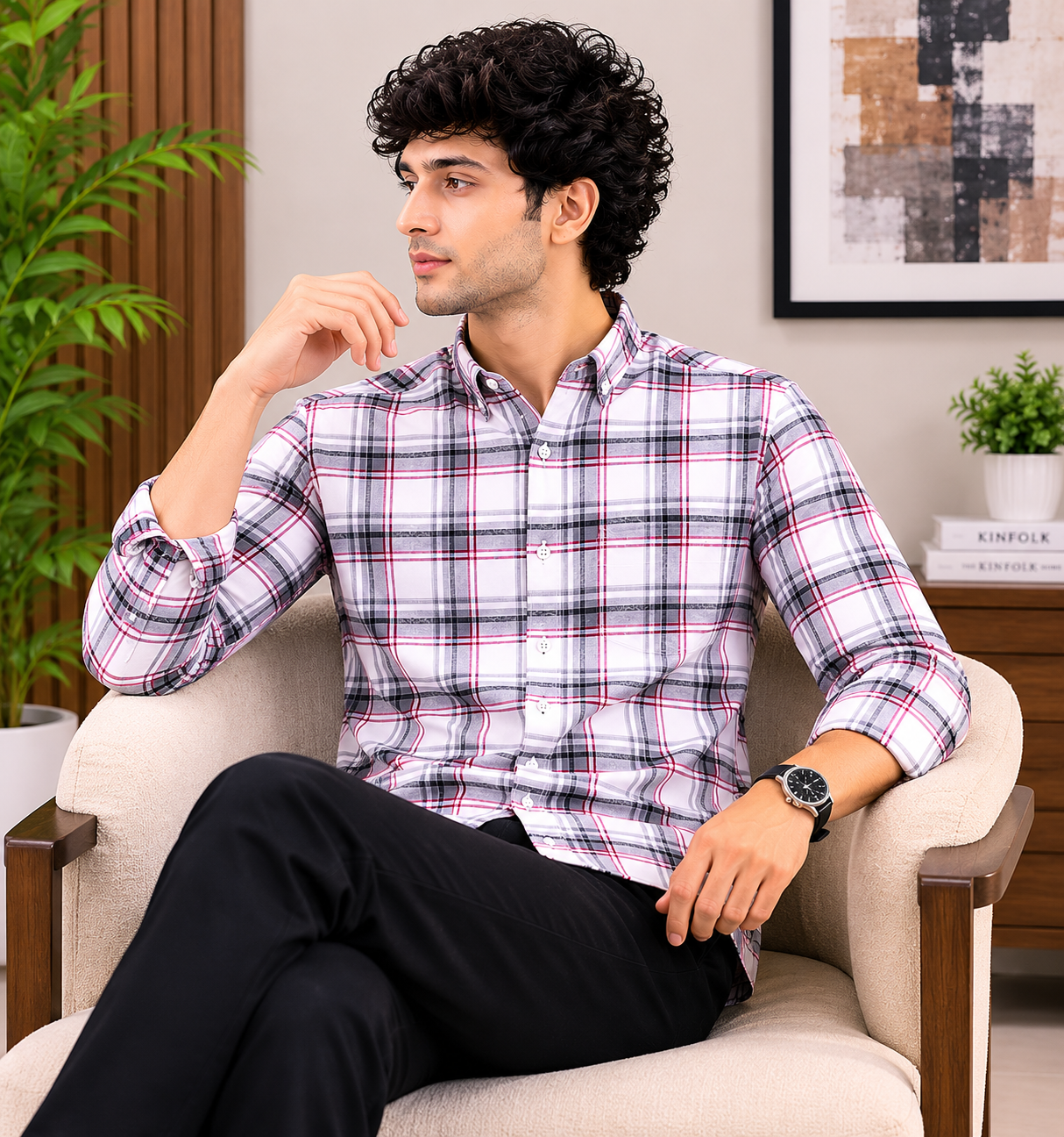 White & Grey Plaid with Magenta Accent Full Sleeve Men's Shirt
