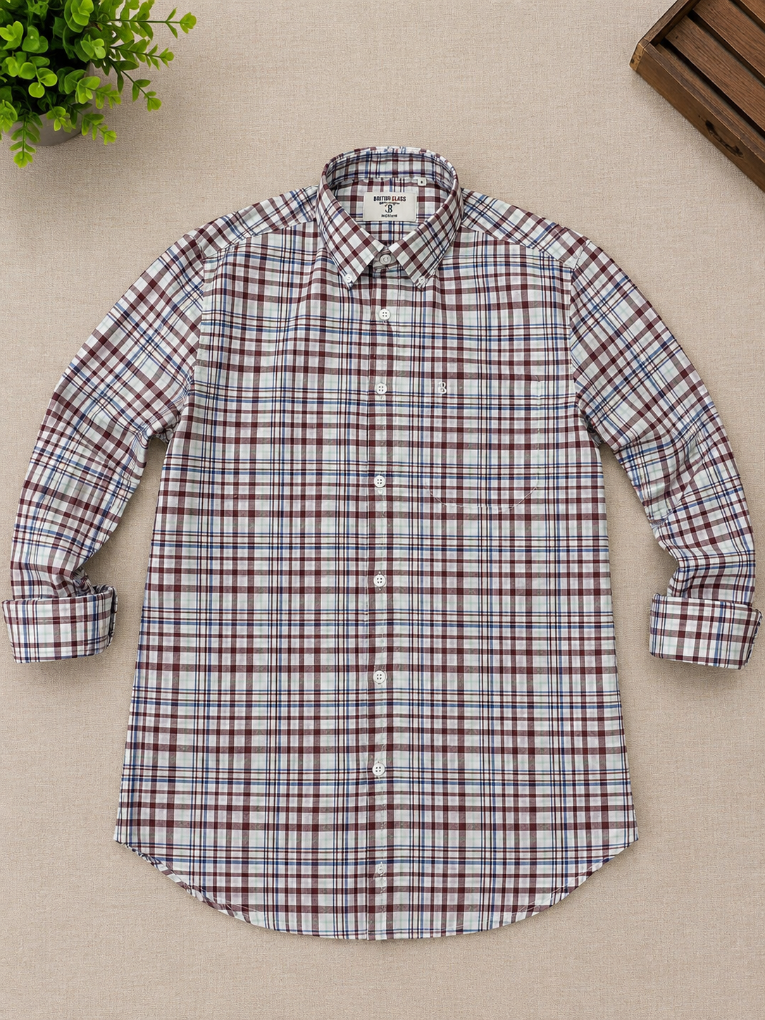 White & Maroon Multi-Check Full Sleeve Men's Shirt