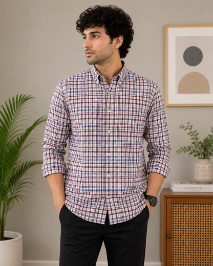 White & Maroon Multi-Check Full Sleeve Men's Shirt