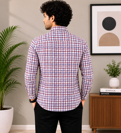 White & Maroon Multi-Check Full Sleeve Men's Shirt