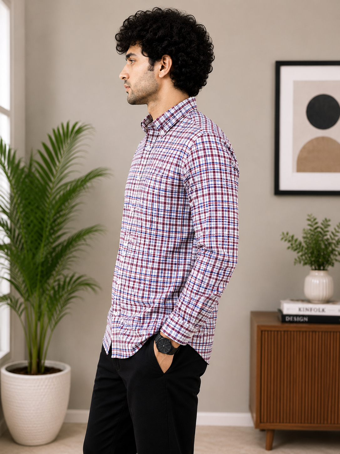 White & Maroon Multi-Check Full Sleeve Men's Shirt