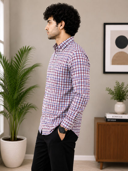 White & Maroon Multi-Check Full Sleeve Men's Shirt