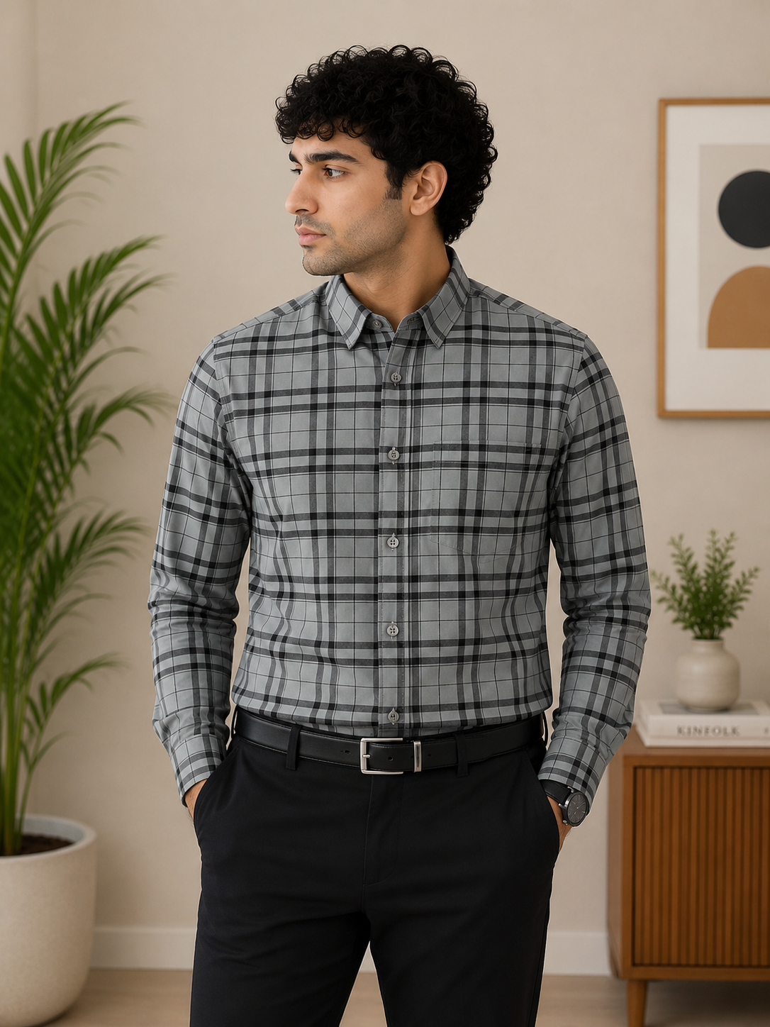 Steel Grey & Black Bold Tartan Full Sleeve Men's Shirt