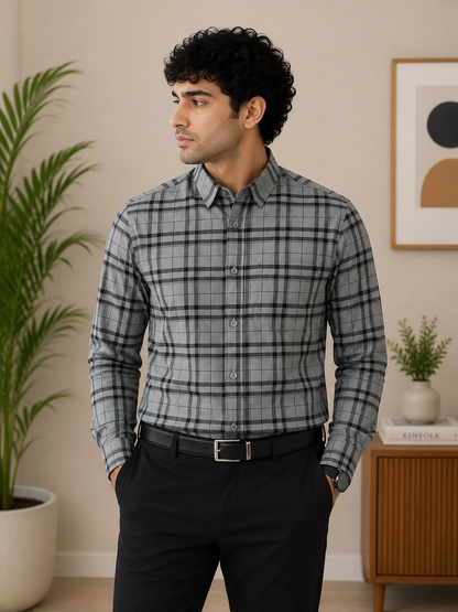 Steel Grey & Black Bold Tartan Full Sleeve Men's Shirt