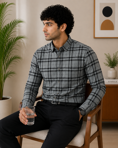 Steel Grey & Black Bold Tartan Full Sleeve Men's Shirt