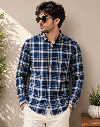 Navy Blue Madras Check Full Sleeve Men's Shirt