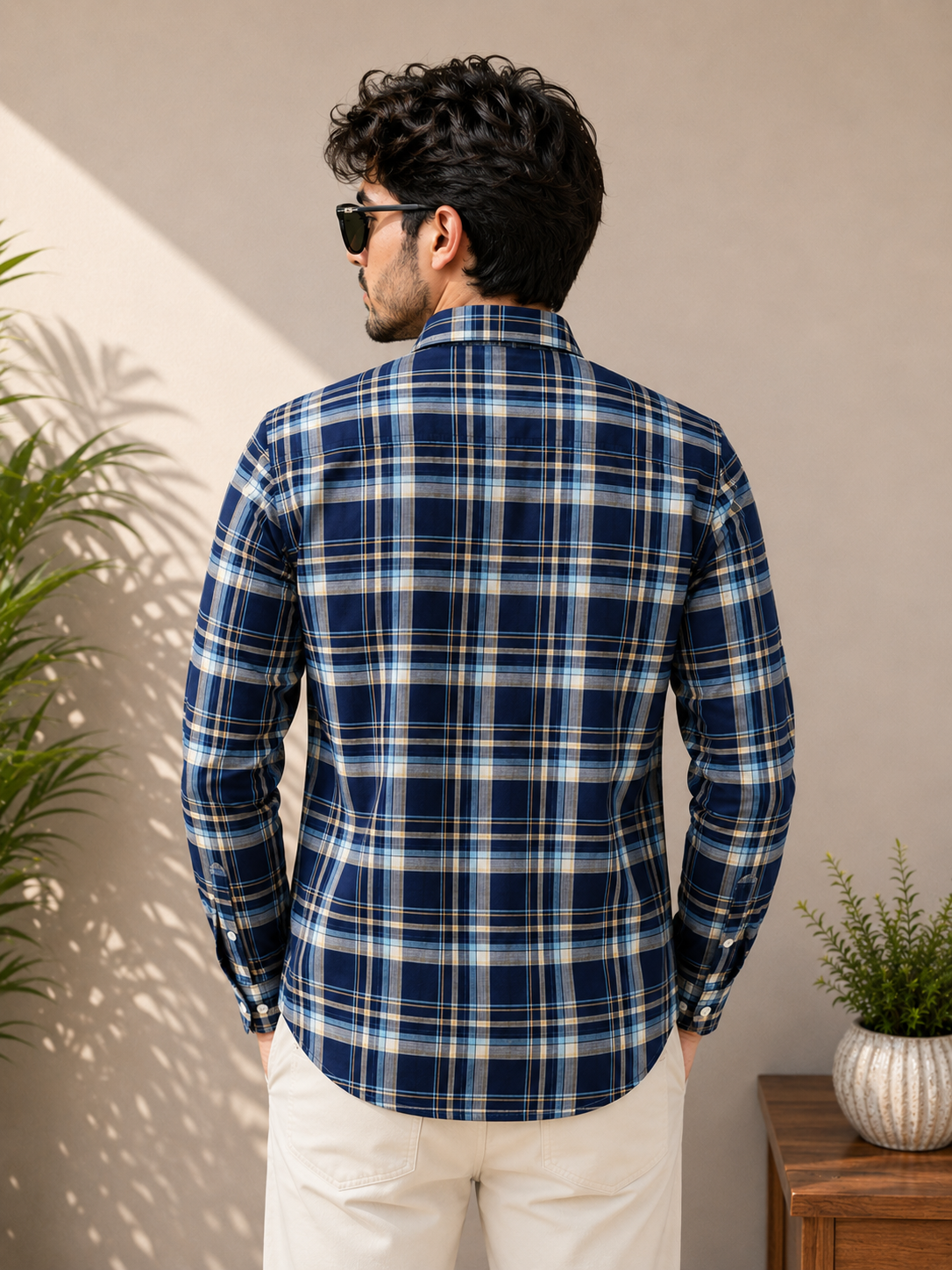 Navy Blue Madras Check Full Sleeve Men's Shirt