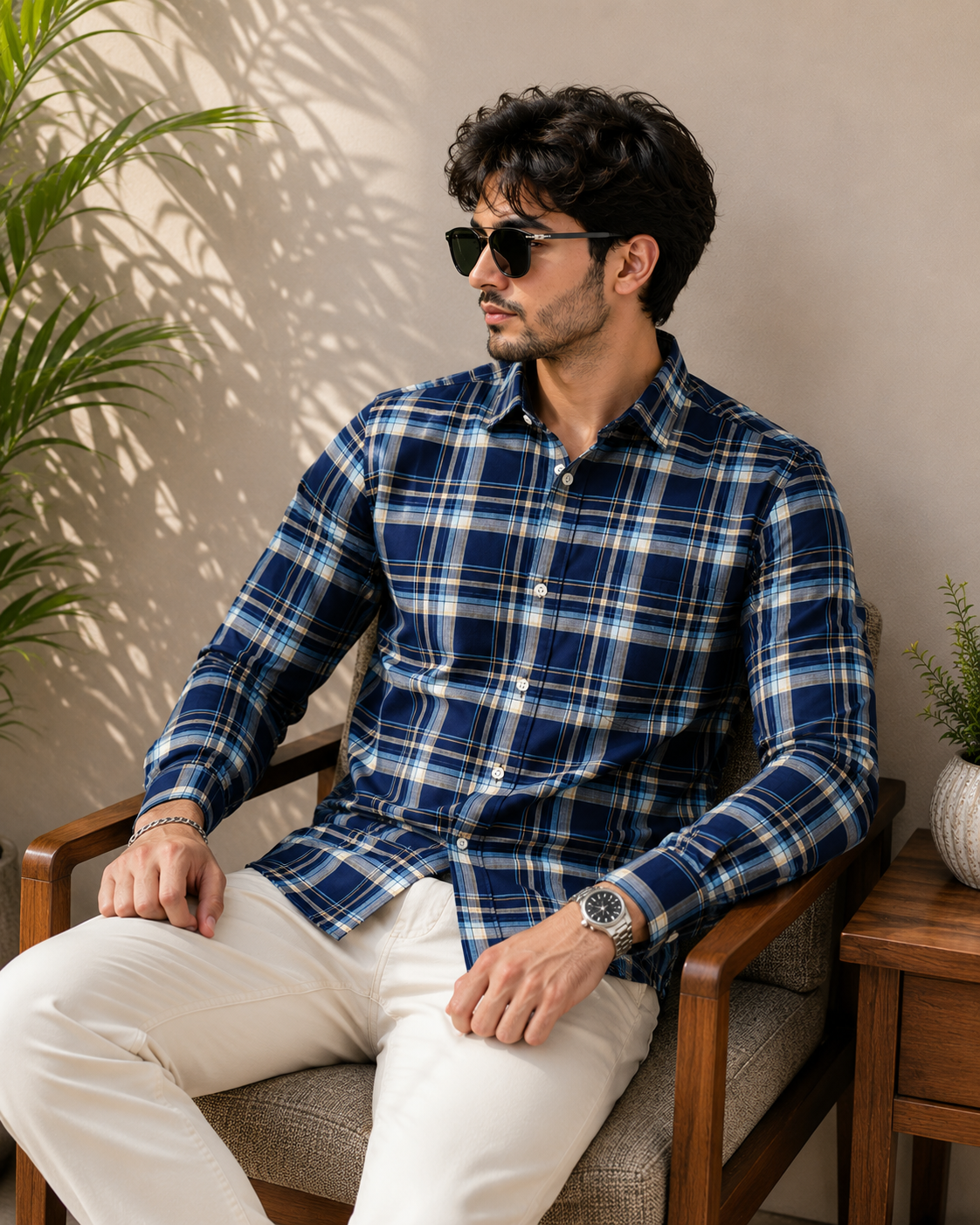 Navy Blue Madras Check Full Sleeve Men's Shirt