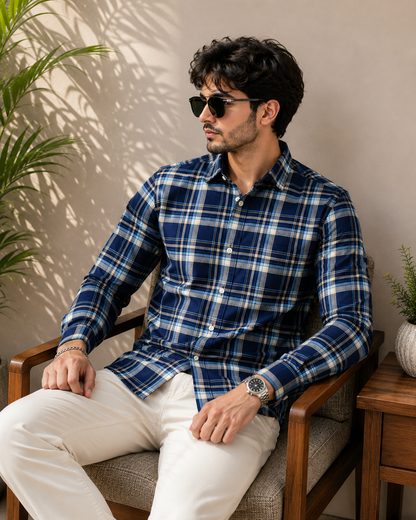 Navy Blue Madras Check Full Sleeve Men's Shirt
