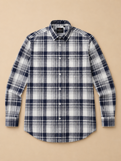 White & Navy Bold Madras Check Full Sleeve Men's Shirt