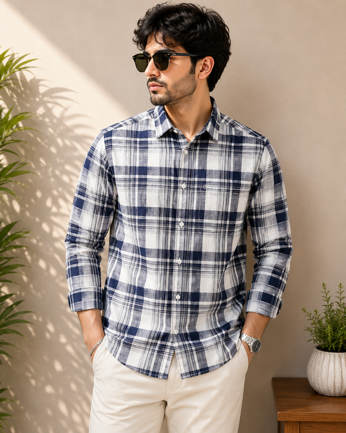 White & Navy Bold Madras Check Full Sleeve Men's Shirt