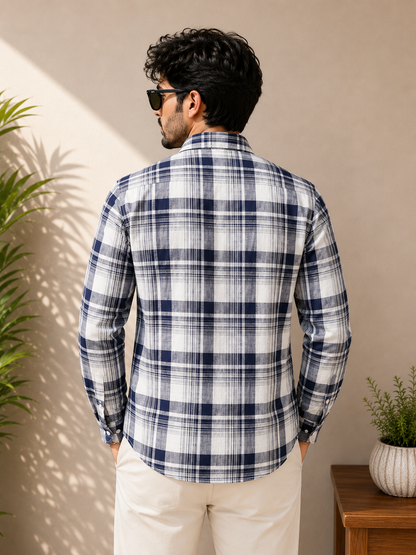 White & Navy Bold Madras Check Full Sleeve Men's Shirt