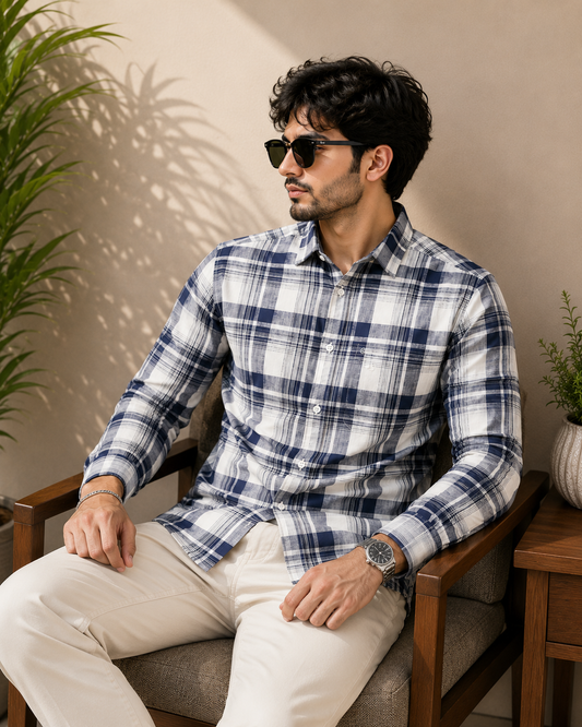 White & Navy Bold Madras Check Full Sleeve Men's Shirt