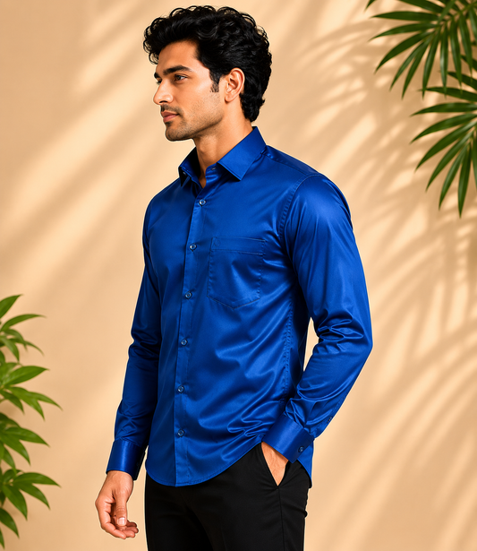 Royal Blue Satin Full Sleeve Men's Shirt
