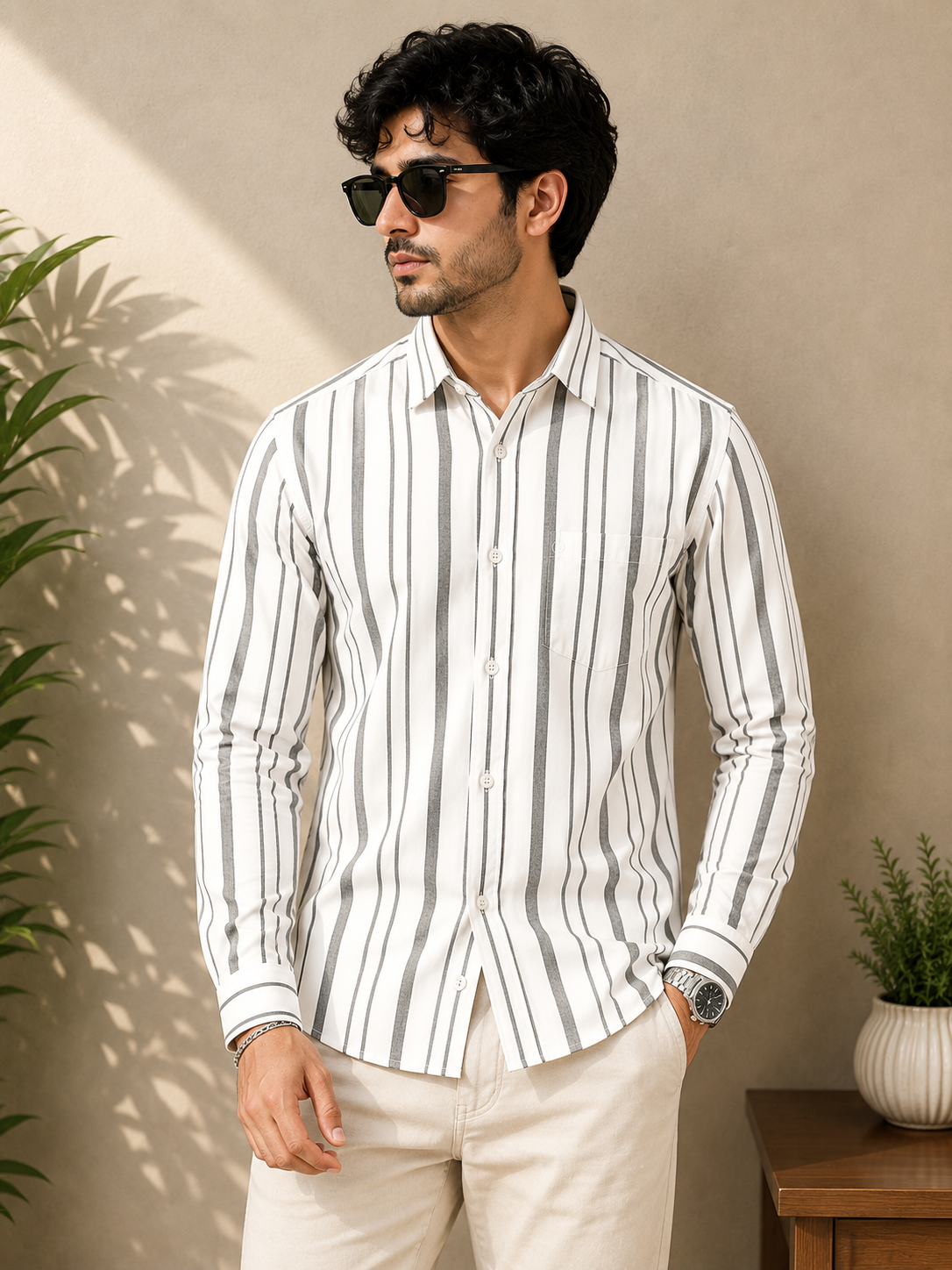 White & Grey Bold Stripe Full Sleeve Men's Shirt