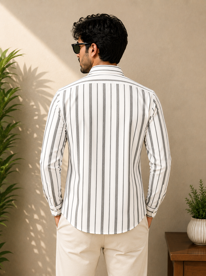White & Grey Bold Stripe Full Sleeve Men's Shirt
