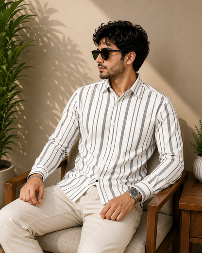 White & Grey Bold Stripe Full Sleeve Men's Shirt