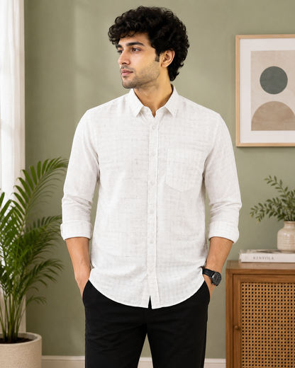 Pure White Textured Full Sleeve Men's Shirt