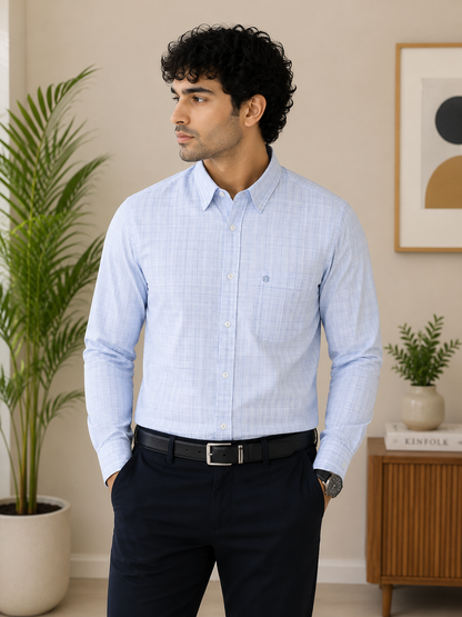 Powder Blue Micro Windowpane Check Full Sleeve Men's Shirt