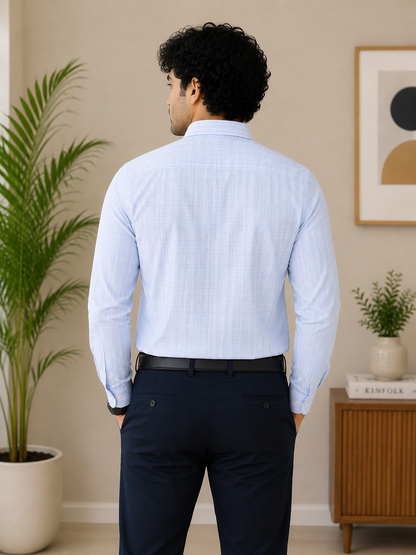 Powder Blue Micro Windowpane Check Full Sleeve Men's Shirt