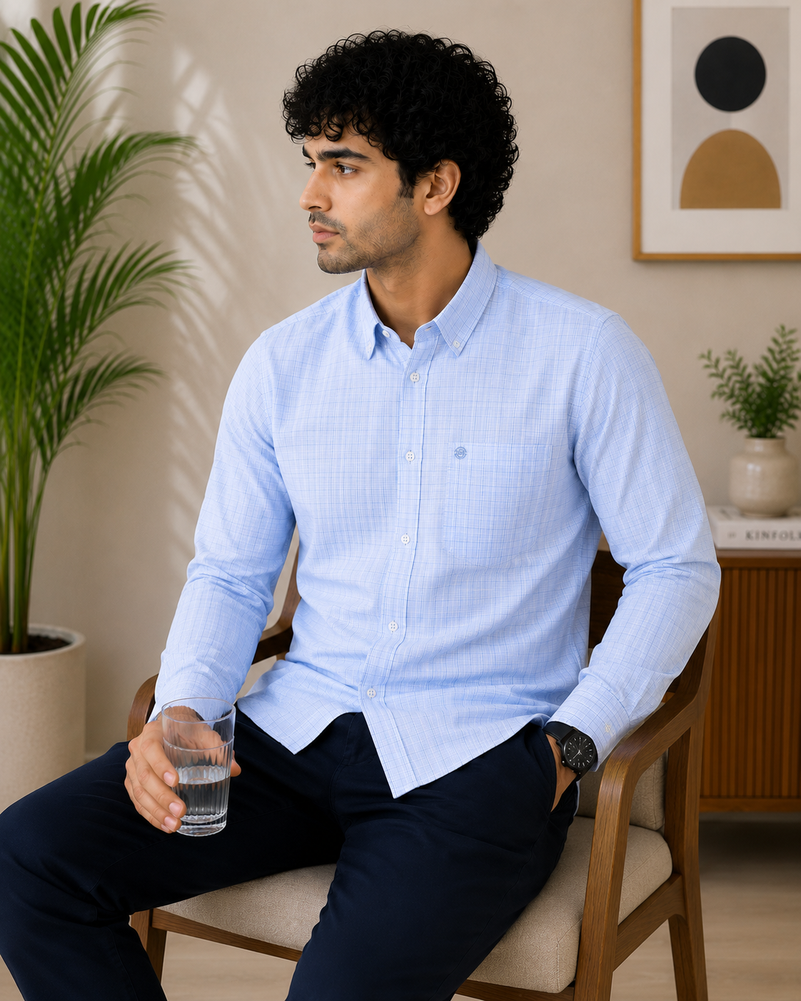 Powder Blue Micro Windowpane Check Full Sleeve Men's Shirt