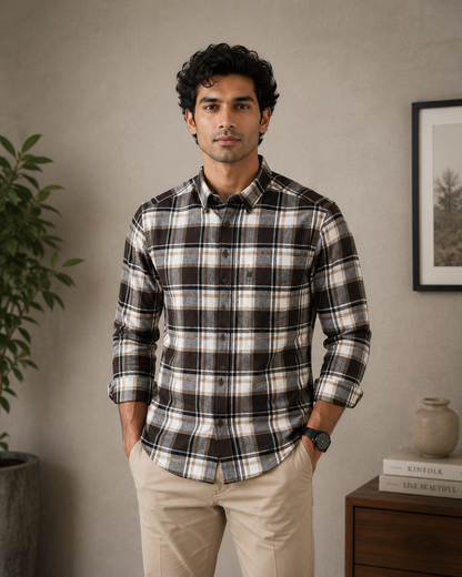 Dark Brown & White Plaid Full Sleeve Men's Shirt