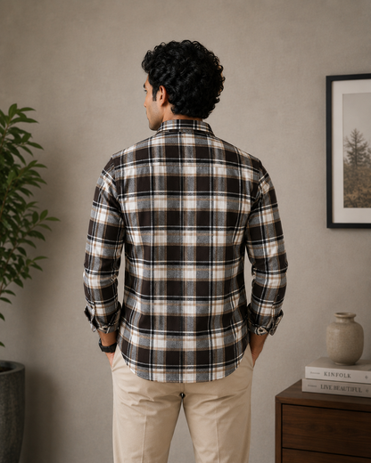 Dark Brown & White Plaid Full Sleeve Men's Shirt