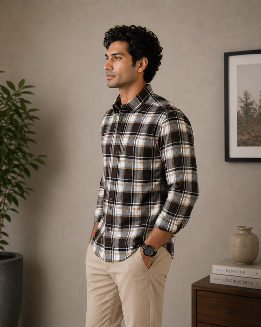 Dark Brown & White Plaid Full Sleeve Men's Shirt