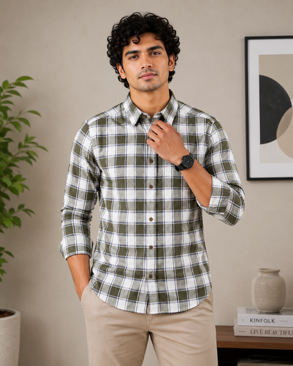 Olive Green & White Plaid Full Sleeve Men's Shirt