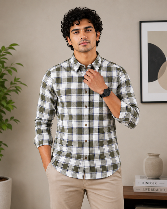 Olive Green & White Plaid Full Sleeve Men's Shirt